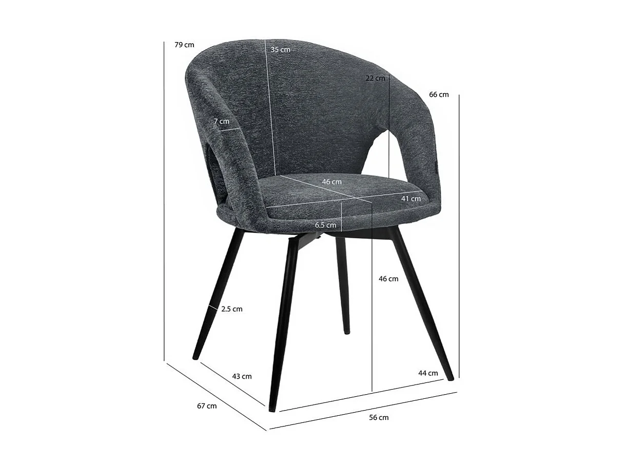 Lot 2 chaises rotatives 180° tissu doux gris et pieds noir - ALEX