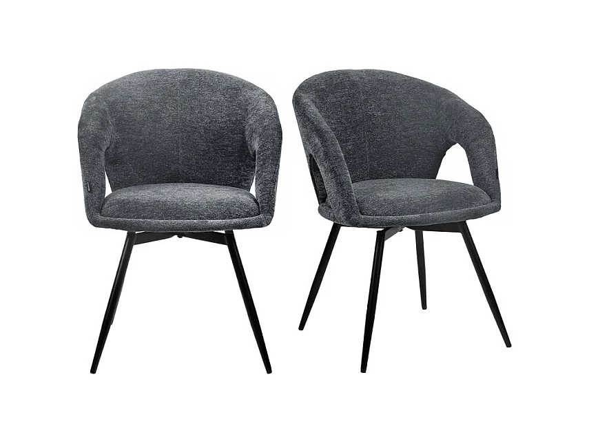 Lot 2 chaises rotatives 180° tissu doux gris et pieds noir - ALEX