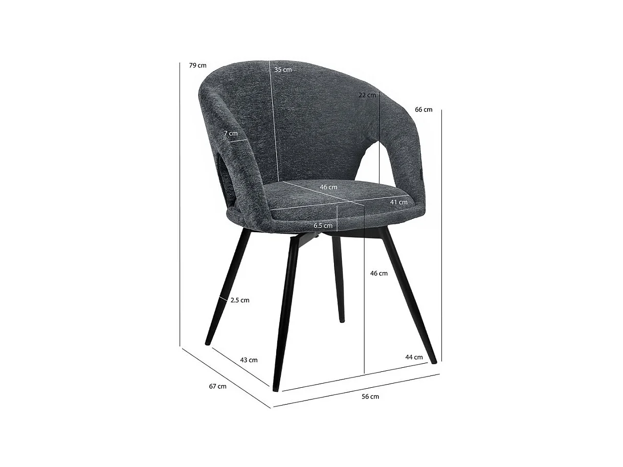 Lot 2 chaises rotatives 180° tissu doux gris et pieds noir - ALEX