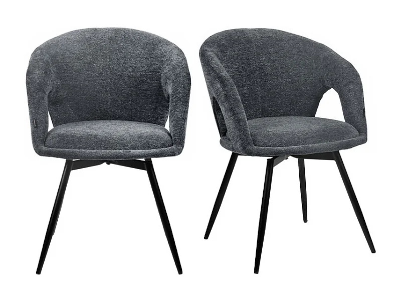 Lot 2 chaises rotatives 180° tissu doux gris et pieds noir - ALEX