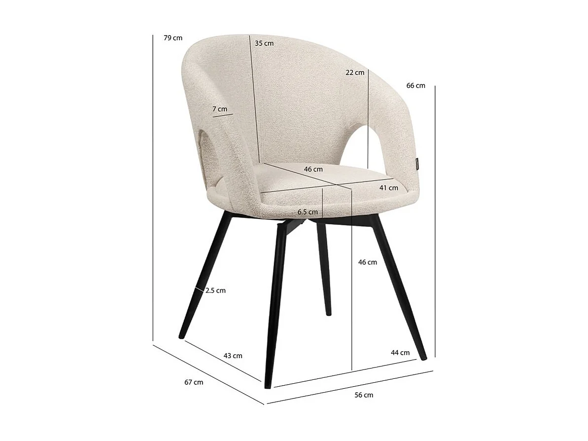 Lot 2 chaises rotatives 180° tissu doux beige et pieds noir - ALEX