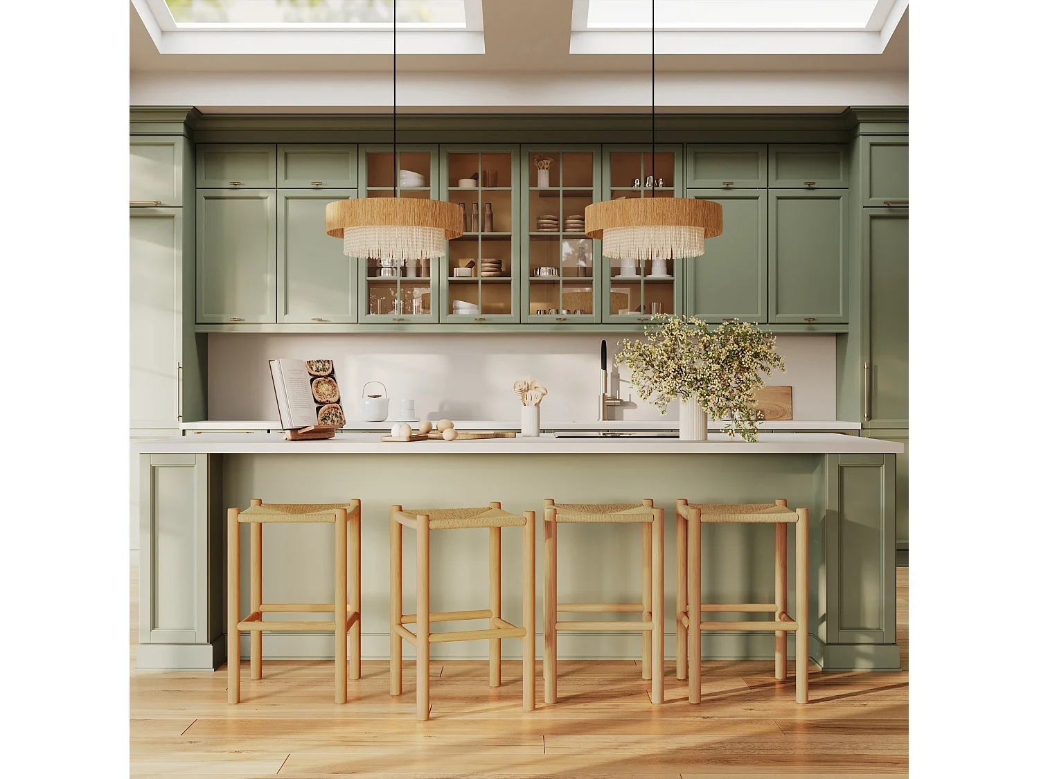 Taburete para isla central 65 cm de teca y ratán - Kaïa