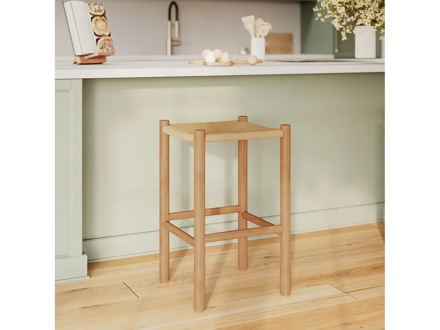 Tabouret pour ilot central 65 cm en teck et rotin - Kaïa