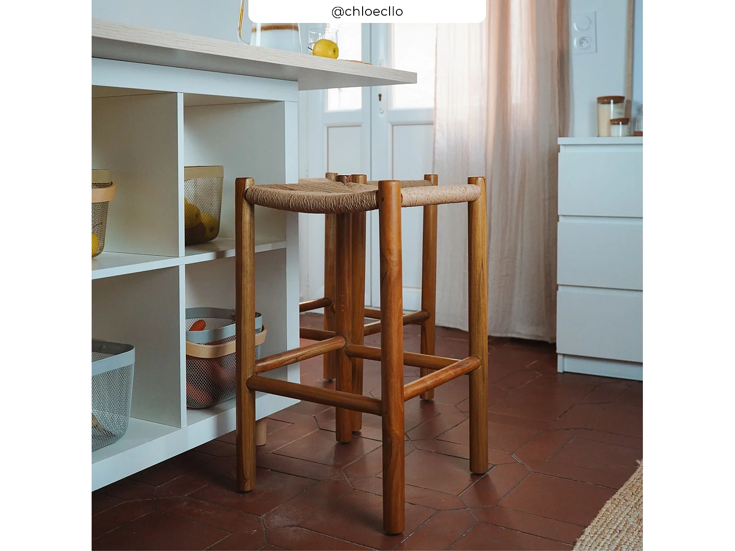 Tabouret pour ilot central 65 cm en teck et rotin - Kaïa