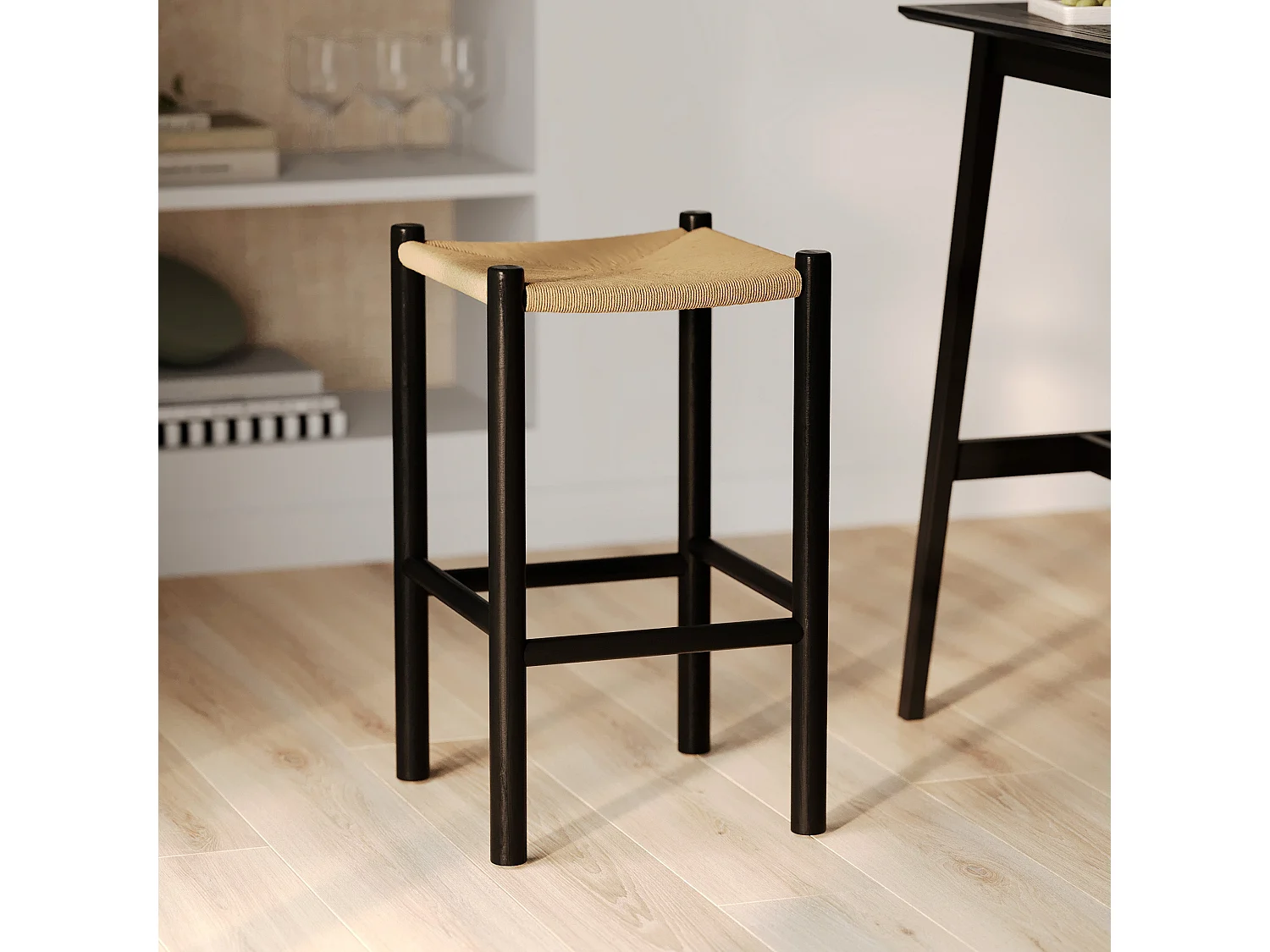Tabouret pour ilot central 65 cm en teck noir et rotin - Kaïa