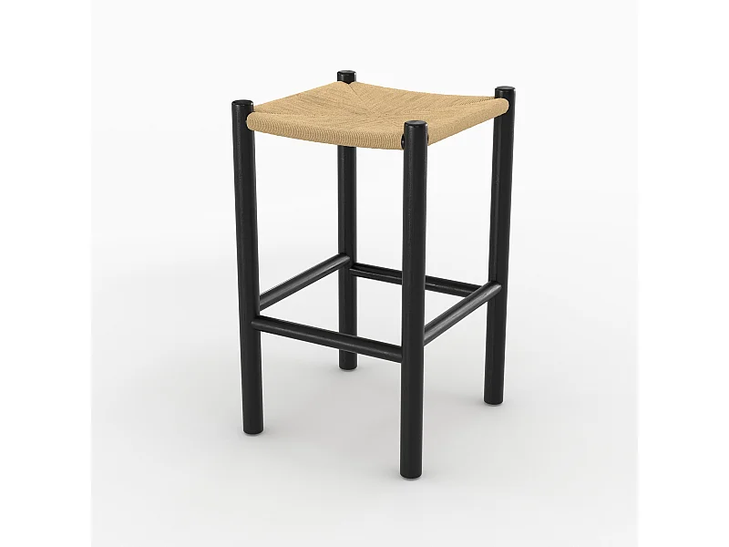 Tabouret pour ilot central 65 cm en teck noir et rotin - Kaïa