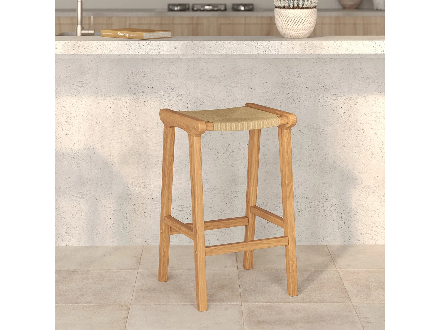 Sgabello per isola centrale 68 cm in teak e rattan - Kuna