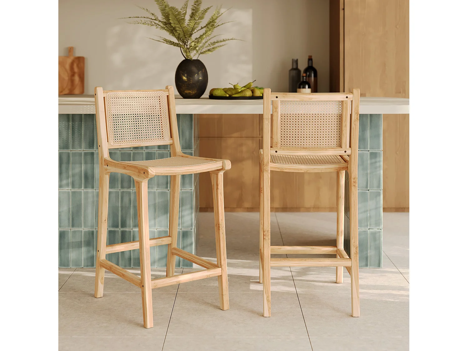 Set di 2 sedie per isola centrale in teak e rattan intrecciato 66,5 cm - Kyla