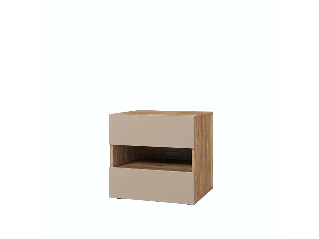 Table de chevet VOX 2 tiroirs et une niche, coloris chêne et beige