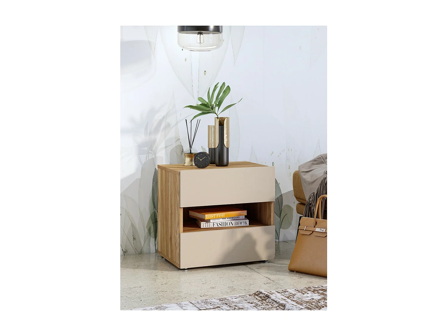 Table de chevet VOX 2 tiroirs et une niche, coloris chêne et beige