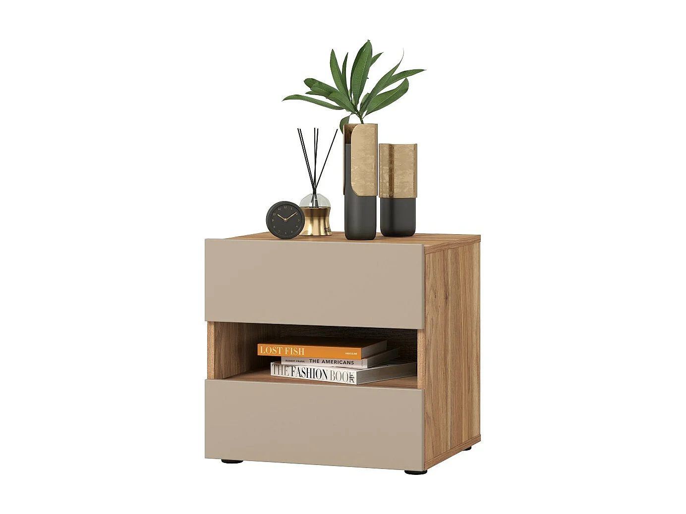 Table de chevet VOX 2 tiroirs et une niche, coloris chêne et beige
