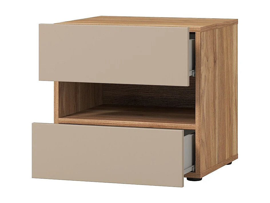 Table de chevet VOX 2 tiroirs et une niche, coloris chêne et beige