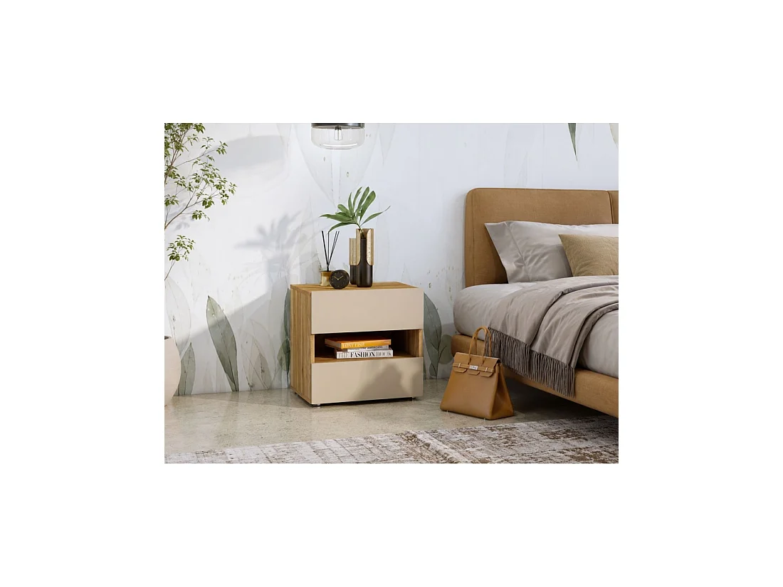 Nachttisch VOX mit 2 Schubladen und einem Fach, Farbe Eiche und Beige