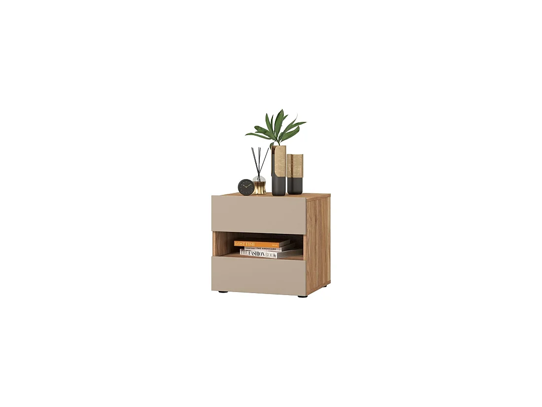 Nachttisch VOX mit 2 Schubladen und einem Fach, Farbe Eiche und Beige