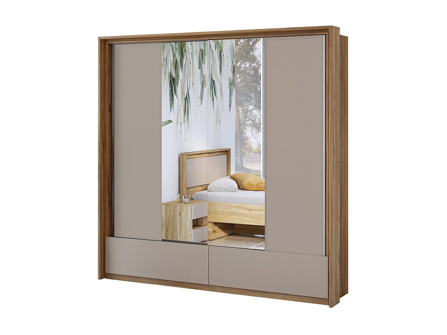 Armoire 2 portes avec miroirs, 2 tiroirs, penderie et 5 étagères coloris chêne et beige