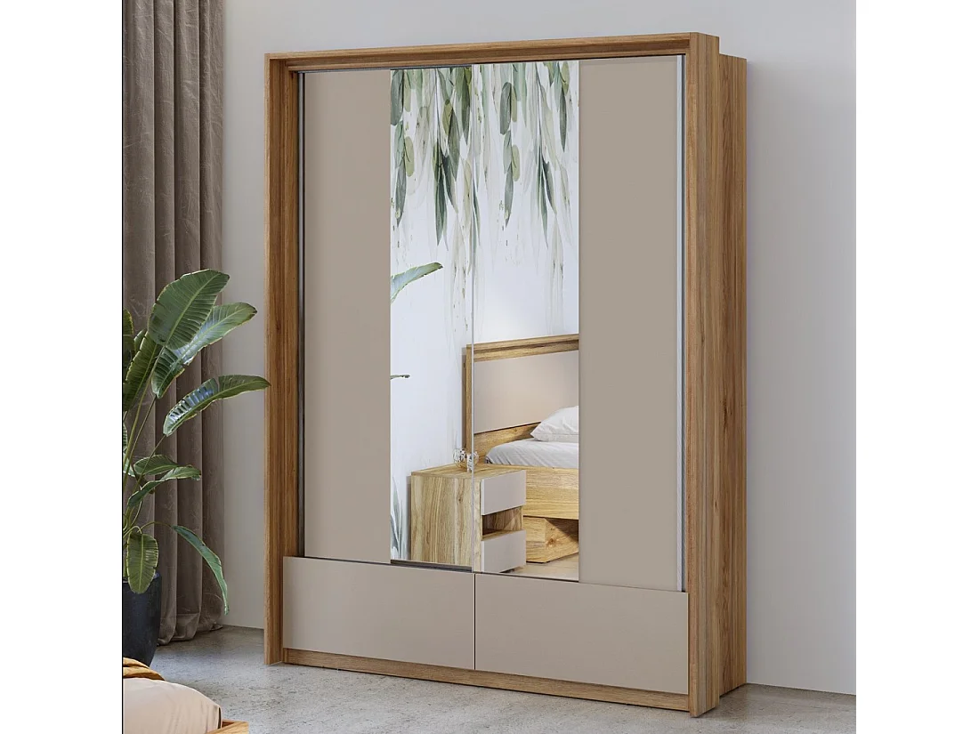 Armoire 2 portes avec miroirs, 2 tiroirs, penderie et 5 étagères coloris chêne et beige