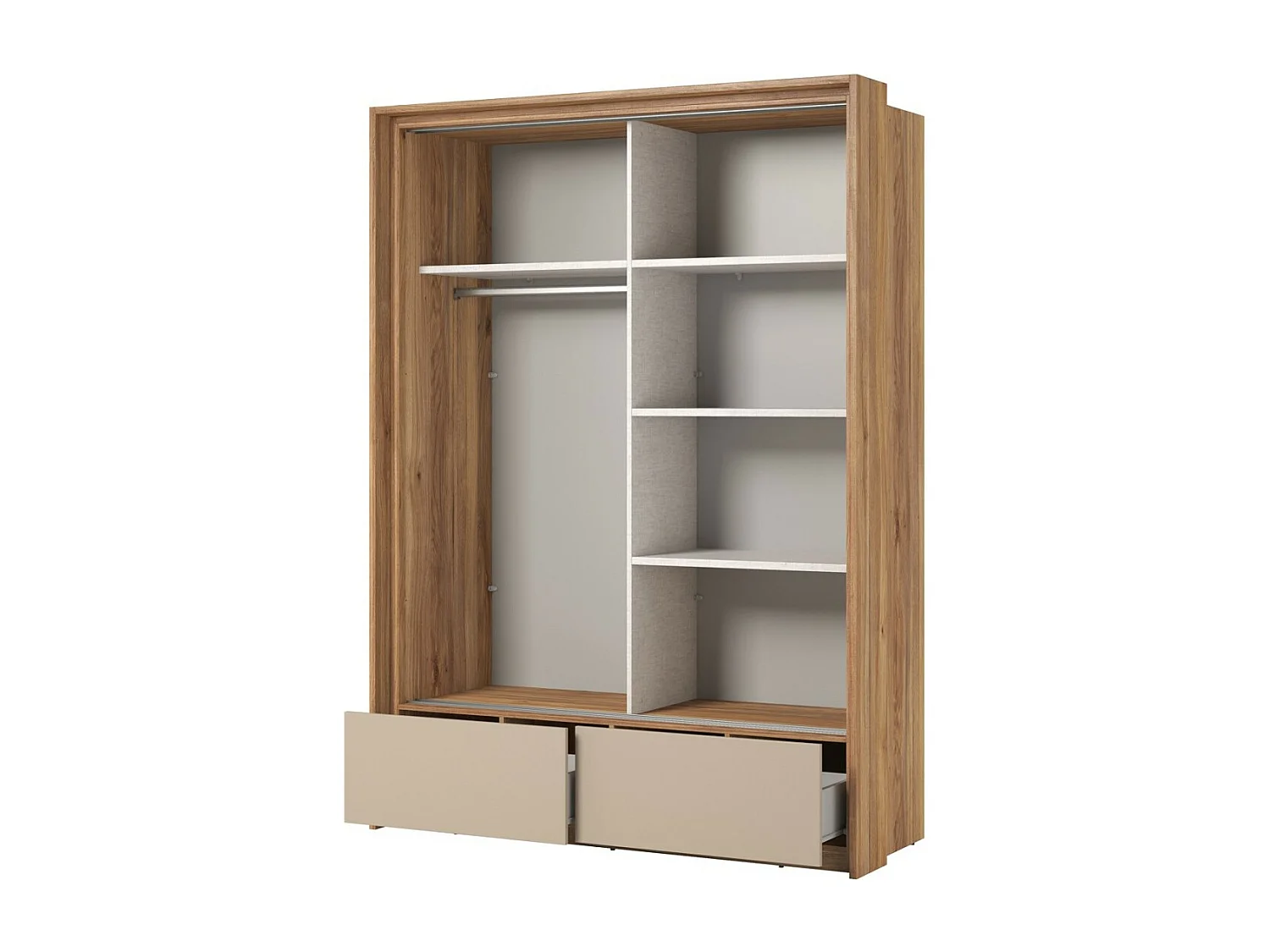 Armoire 2 portes avec miroirs, 2 tiroirs, penderie et 5 étagères coloris chêne et beige