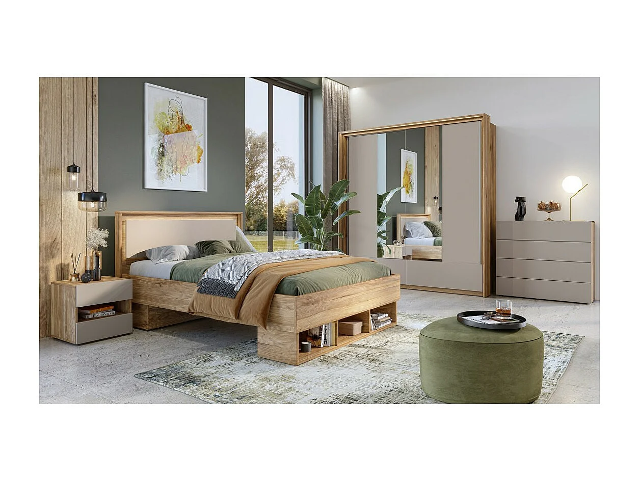 Armoire 2 portes avec miroirs, 2 tiroirs, penderie et 5 étagères coloris chêne et beige