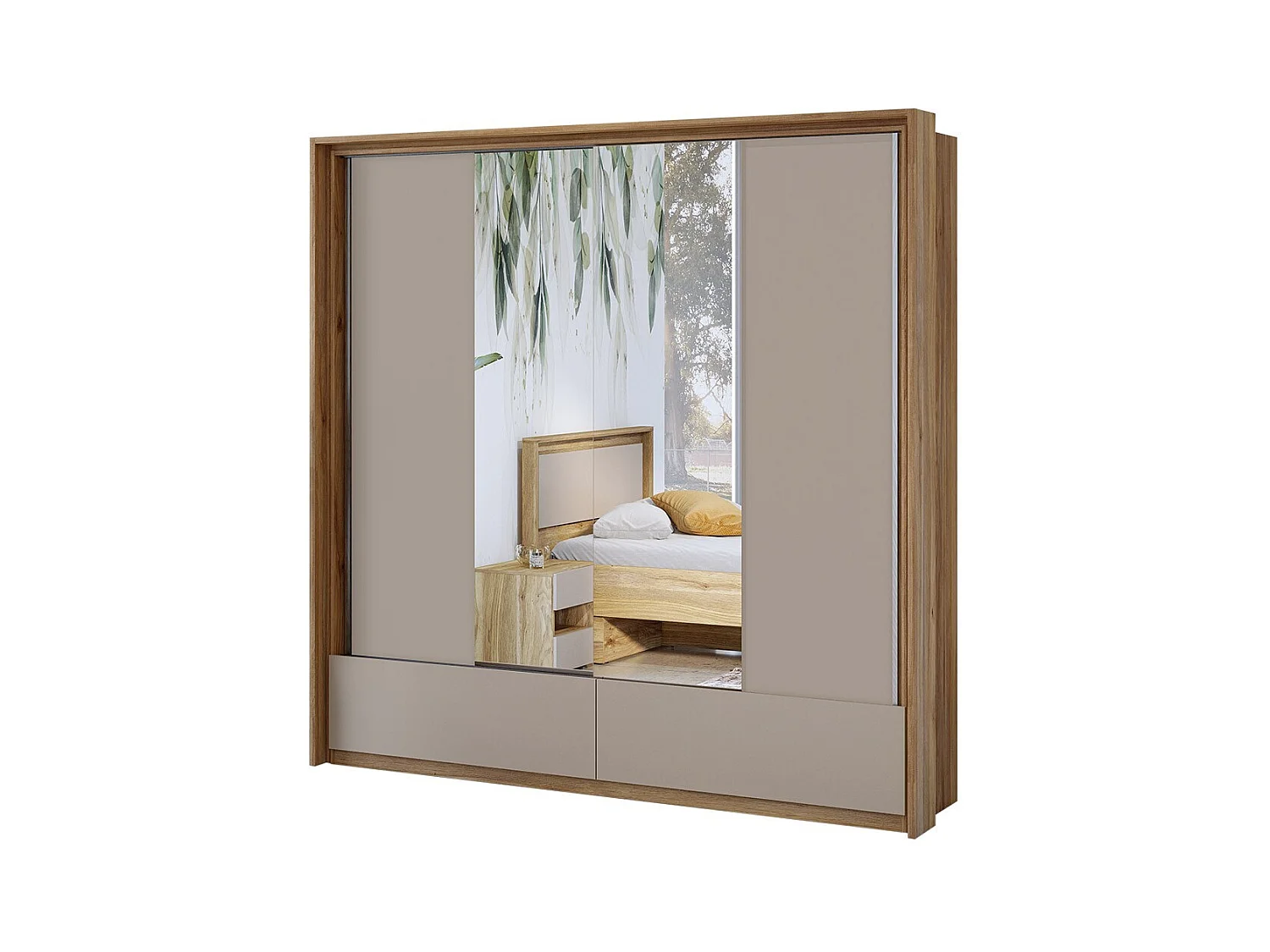 Armoire 2 portes avec miroirs, 2 tiroirs, penderie et 5 étagères coloris chêne et beige