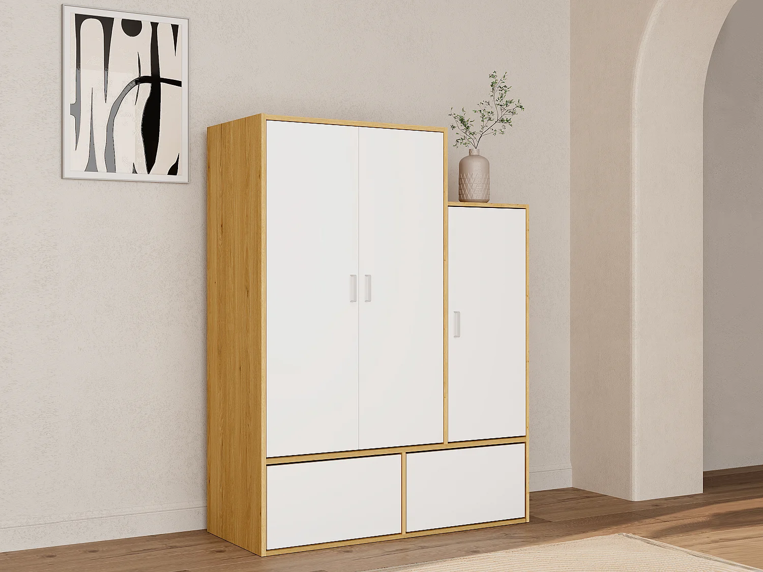 Garderobe mit 3 Türen, 1 Kleiderstange & 2 Schuhfächern - Weiß & Holzfarben - NYVELA