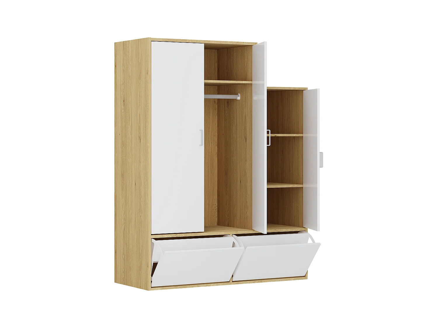 Vestiaire avec 3 portes, 1 penderie et 2 compartiments chaussures - Blanc et naturel - NYVELA