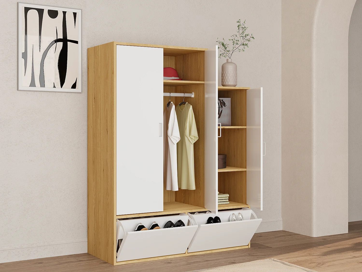 Vestiaire avec 3 portes, 1 penderie et 2 compartiments chaussures - Blanc et naturel - NYVELA