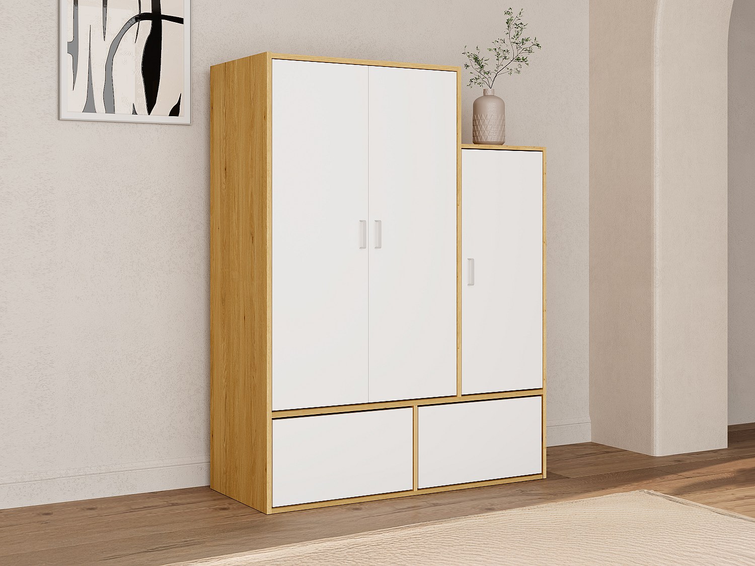 Garderobe med 3 dører, 1 garderobeskap og 2 skoskap - Hvit og naturlig - NYVELA