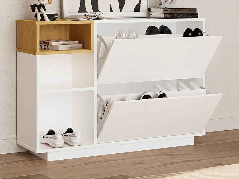 Sapateira com 2 compartimentos e 3 nichos branco e natural - VYLARA