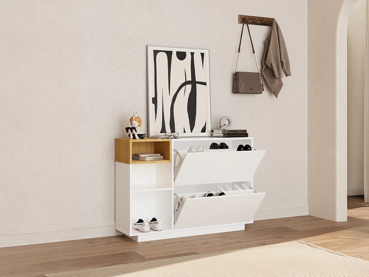 Meuble à chaussures avec 2 compartiments abattants et 3 niches - Blanc et naturel - VYLARA