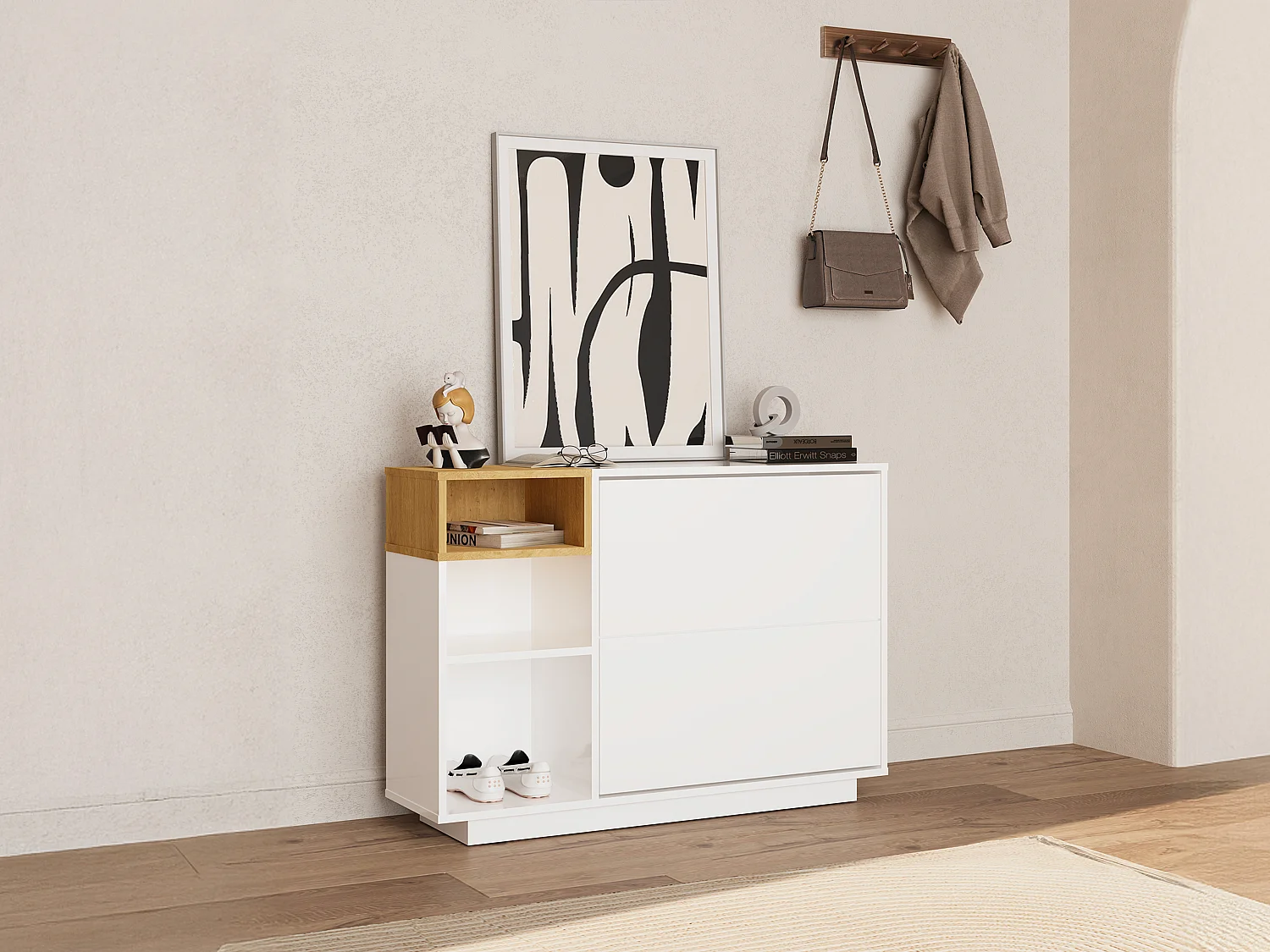 Meuble à chaussures avec 2 compartiments abattants et 3 niches - Blanc et naturel - VYLARA