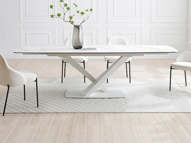 Table à manger extensible 6 à 10 personnes en verre trempé, céramique et métal - Effet marbre blanc - MALATA de Maison Céphy
