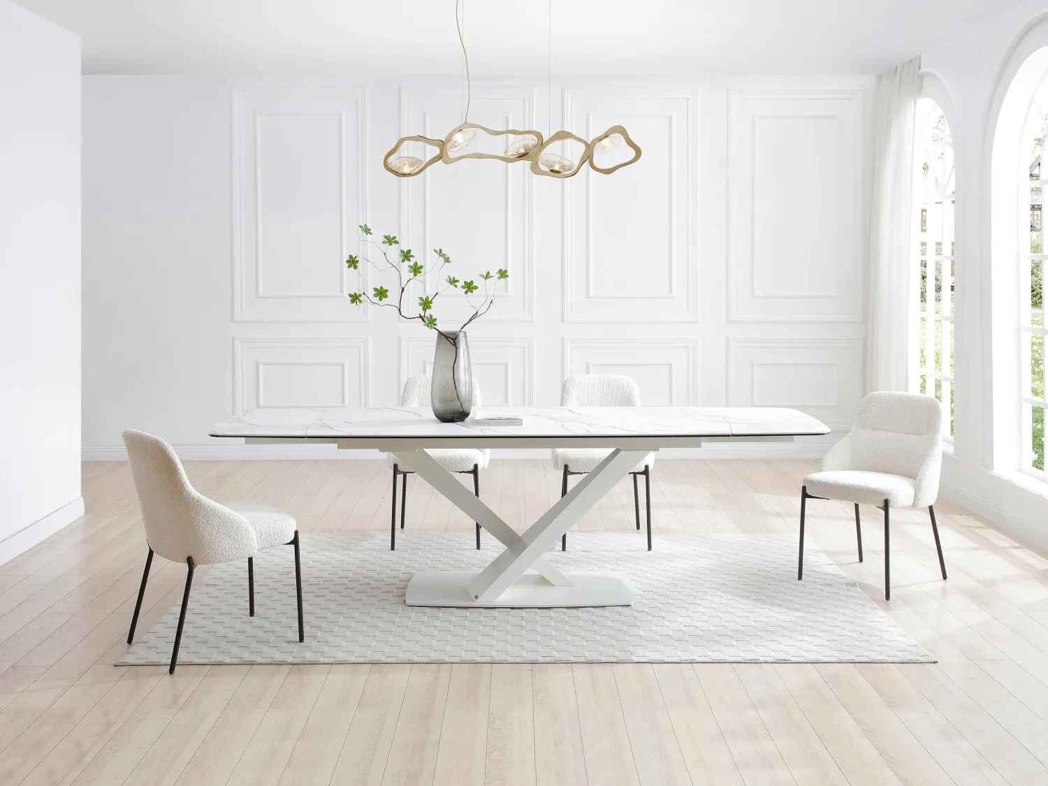Mesa de comedor extensible de 6 a 10 personas en vidrio templado, cerámica y metal - Efecto mármol blanco - MALATA de Maison Céphy