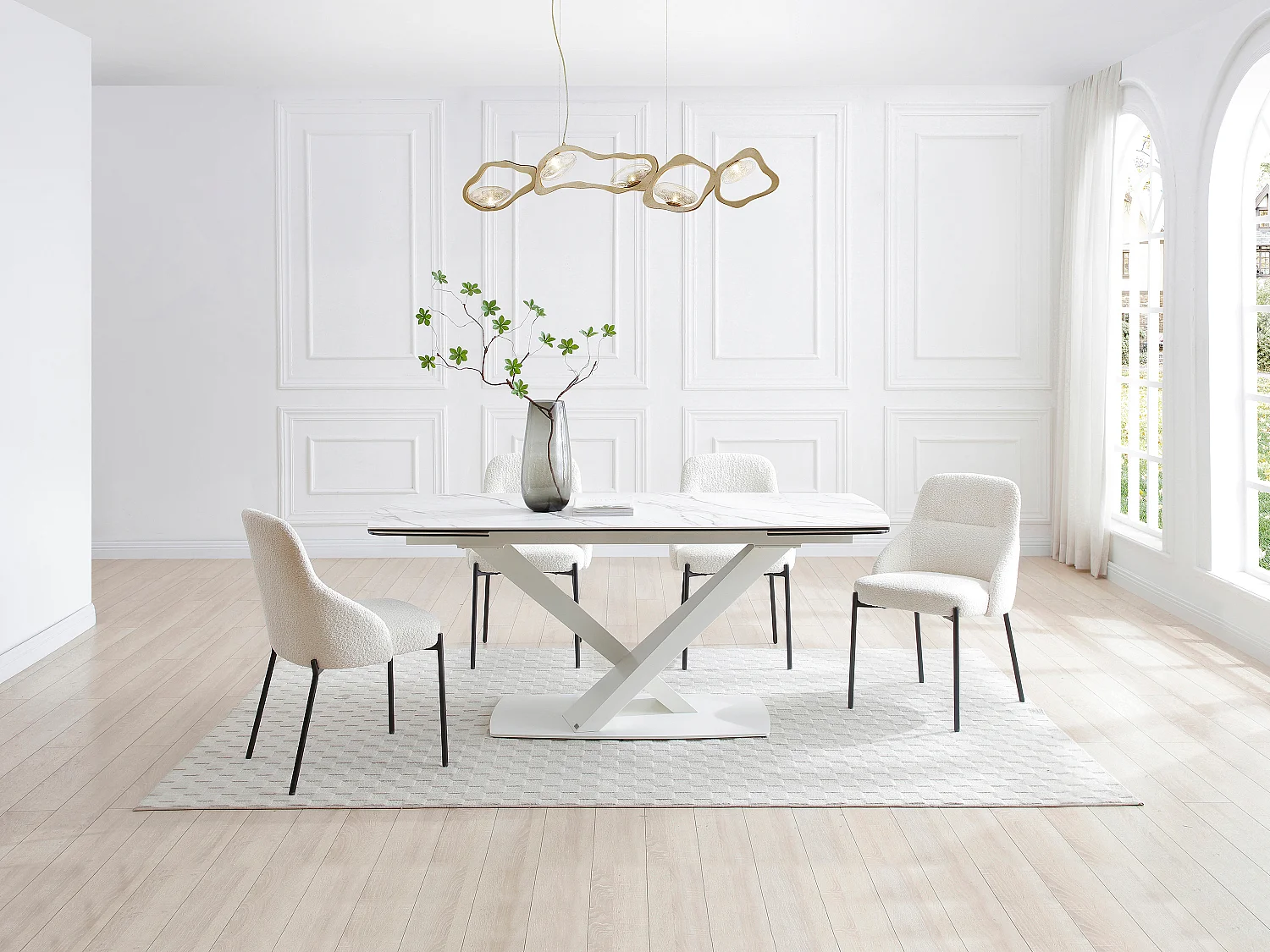 Table à manger extensible 6 à 10 personnes en verre trempé, céramique et métal - Effet marbre blanc - MALATA de Maison Céphy