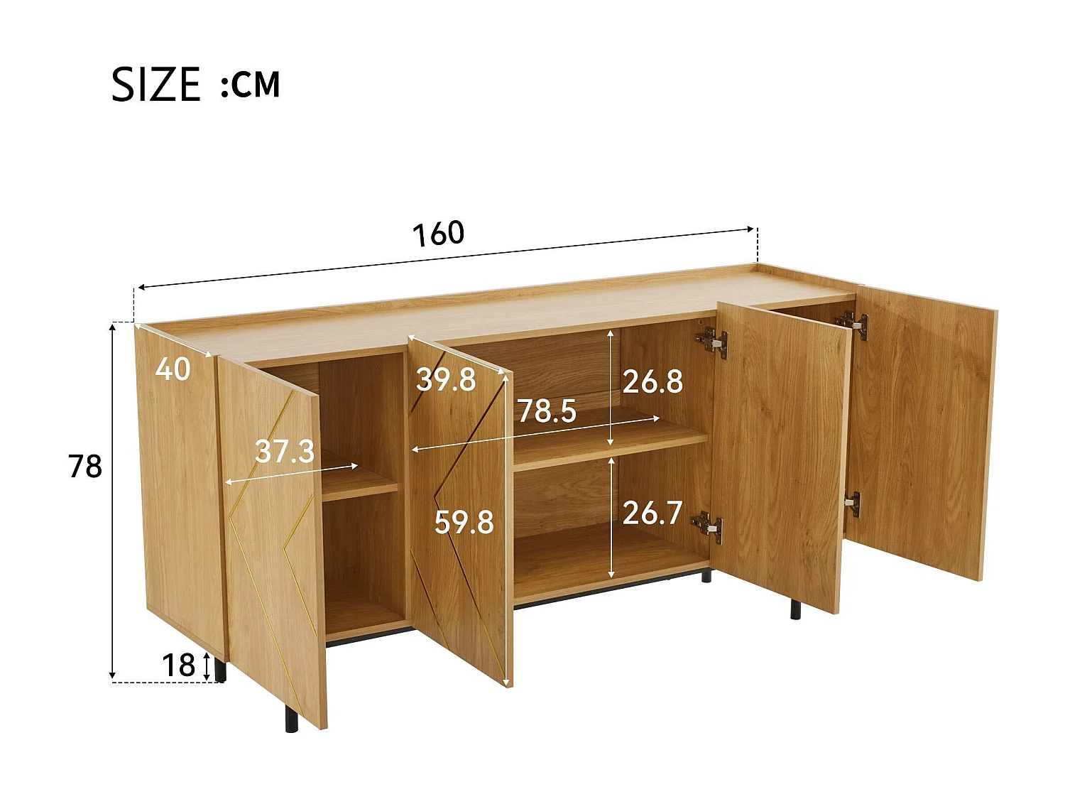 Buffet - 4 portes avec étagères régables - Naturel