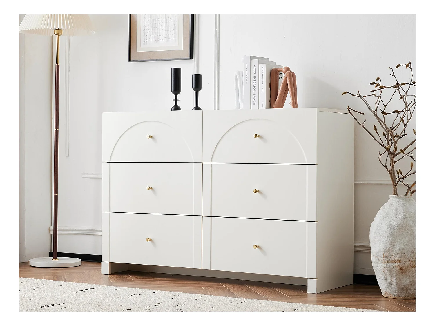 Buffet moderne - 6 portes avec poignées en métal - Blanc