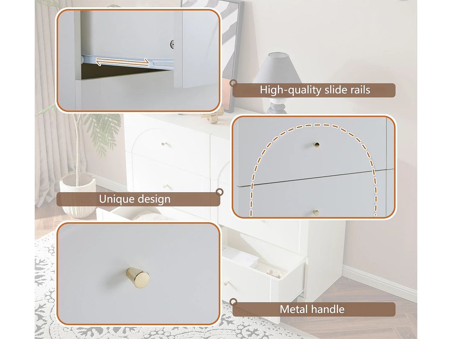 Modernes Sideboard – 6 Türen mit Metallgriffen – Weiß