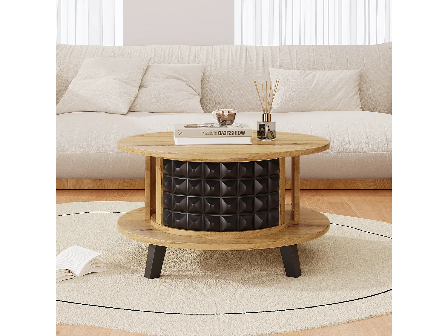 Table basse - avec rangement intérieur pivotant - Naturel & Noir