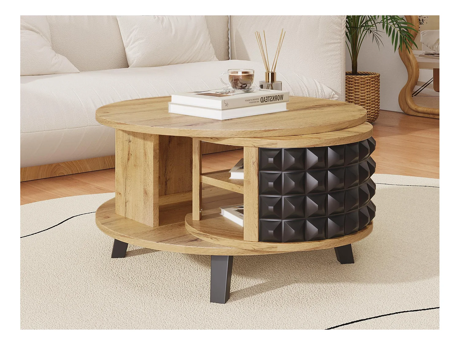 Table basse - avec rangement intérieur pivotant - Naturel & Noir