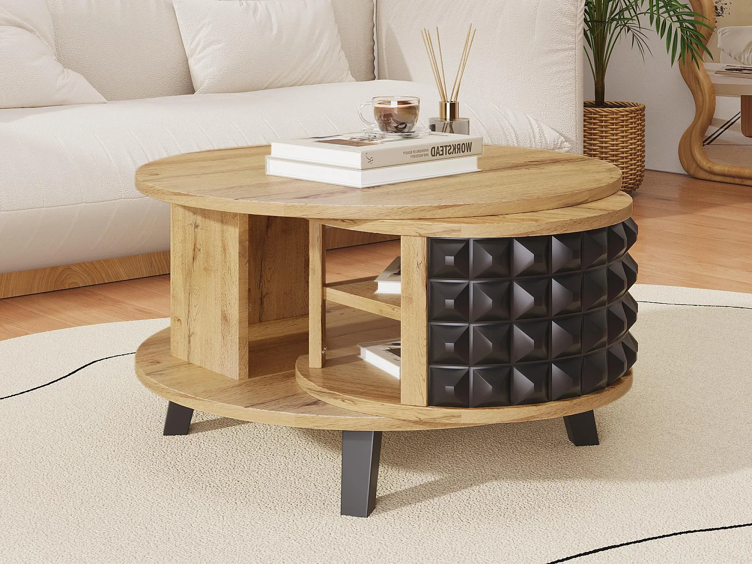 Table basse - avec rangement intérieur pivotant - Naturel & Noir