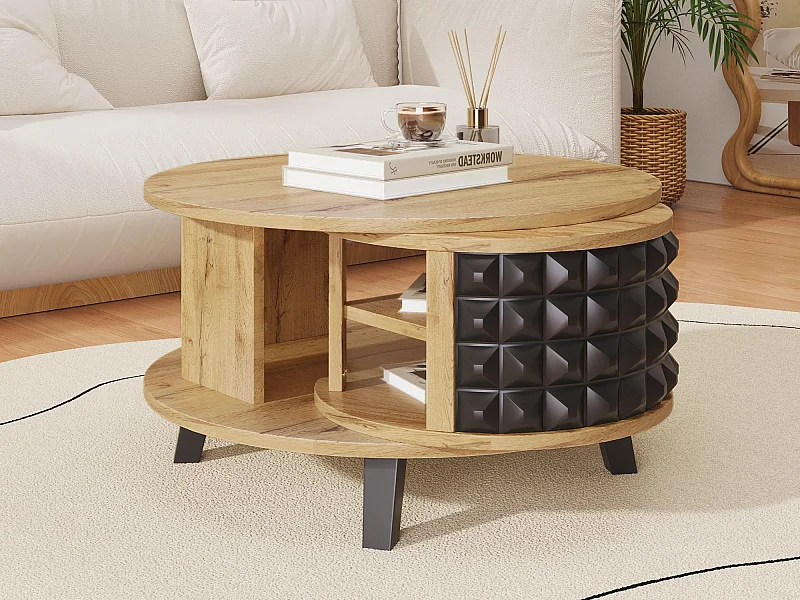 Couchtisch – mit drehbarem Stauraum im Inneren – Natur und Schwarz
