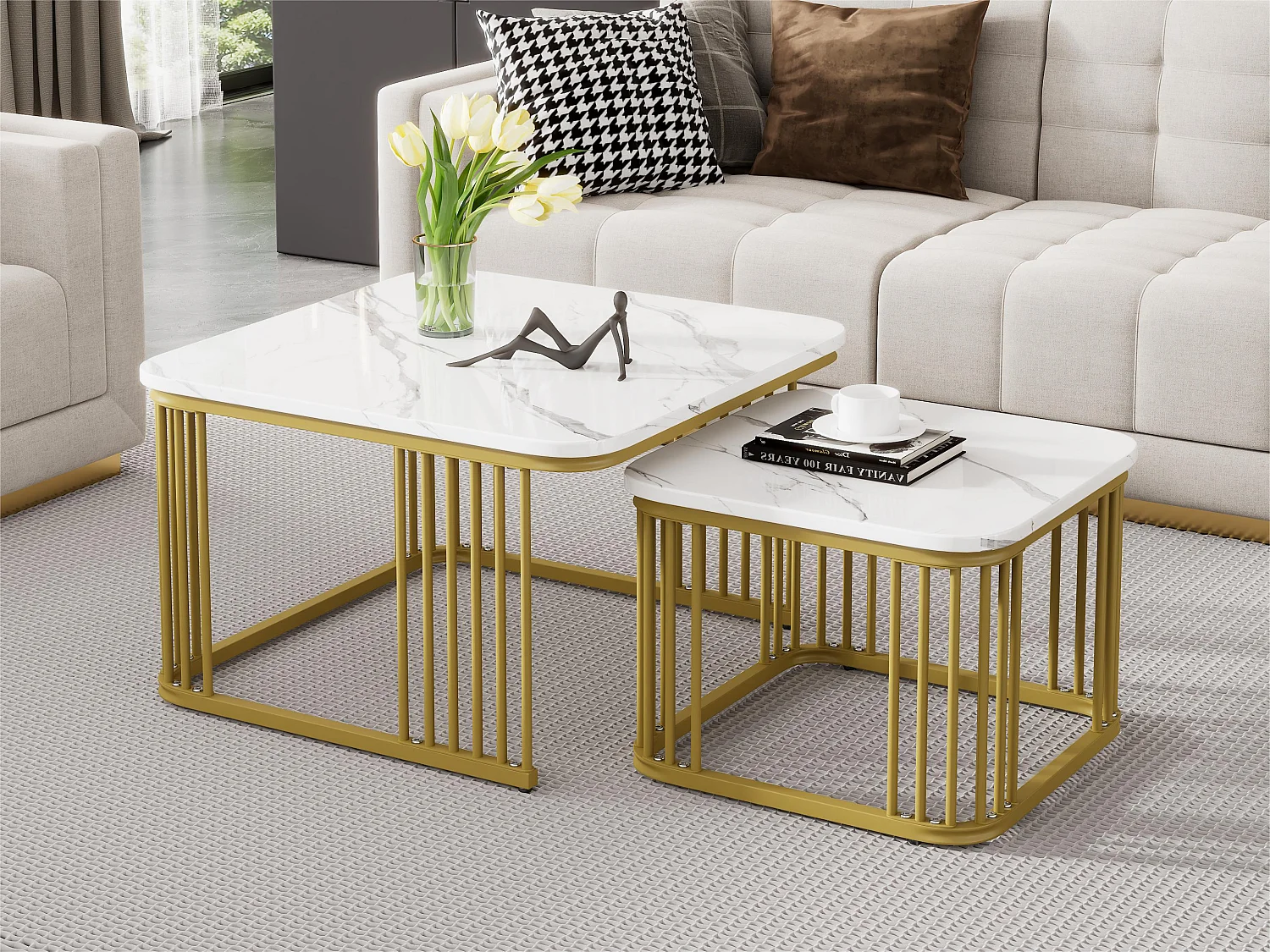 Set mit 2 Satztischen – MDF-Platte mit Marmormuster – goldene Beine – Weiß und Gold