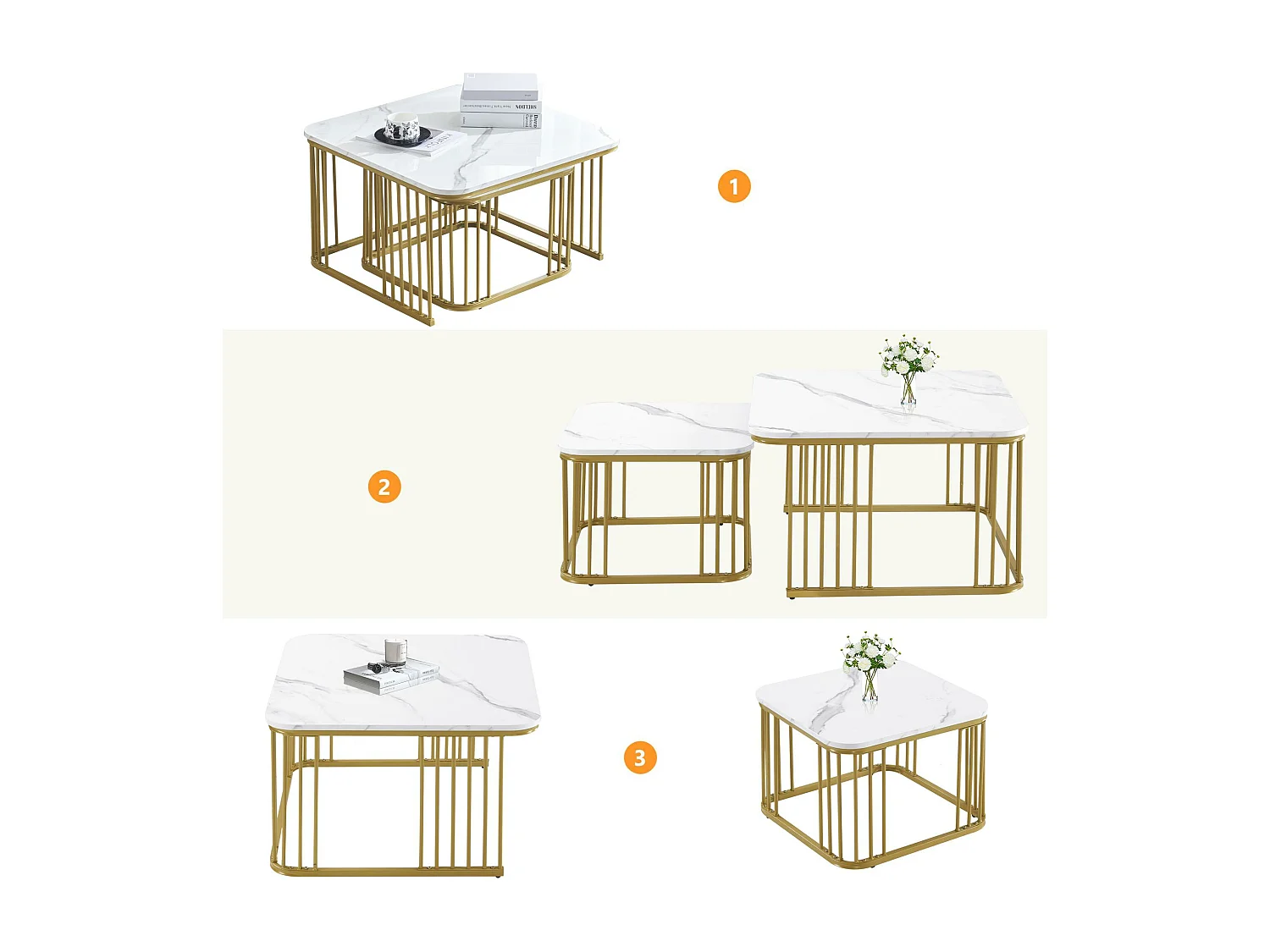 Set mit 2 Satztischen – MDF-Platte mit Marmormuster – goldene Beine – Weiß und Gold