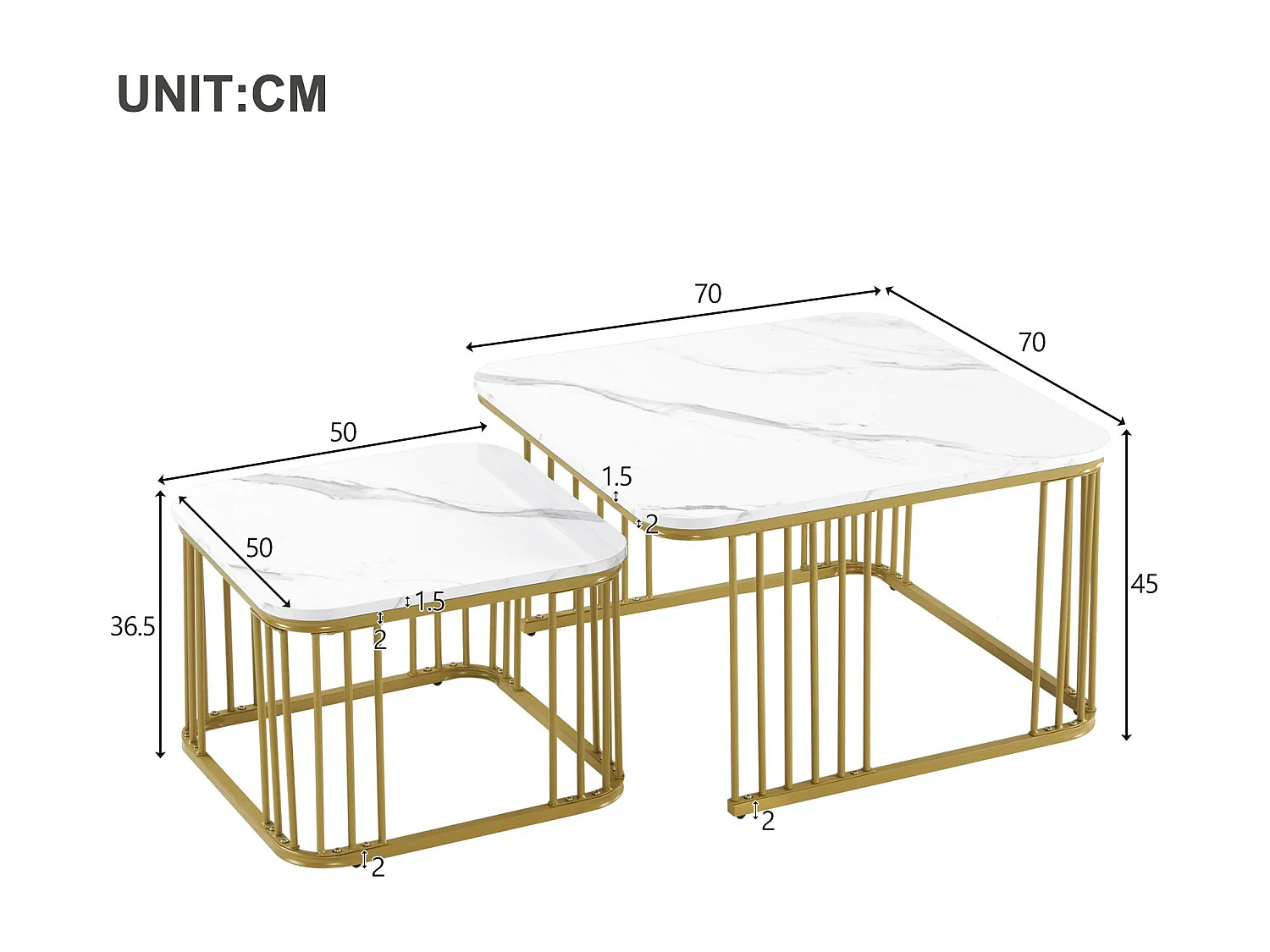 Set mit 2 Satztischen – MDF-Platte mit Marmormuster – goldene Beine – Weiß und Gold