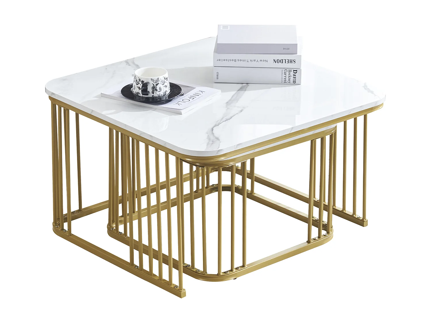 Set mit 2 Satztischen – MDF-Platte mit Marmormuster – goldene Beine – Weiß und Gold