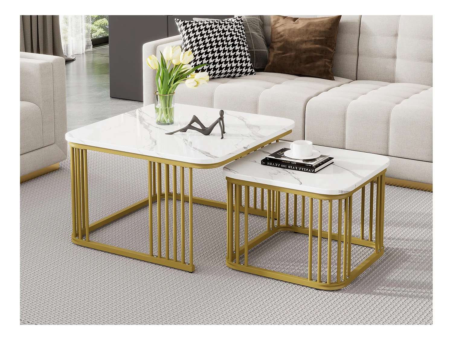 Lot de 2 tables gigognes - plateau en MDF à motif de marbre - pieds dorés - Blanc & Doré