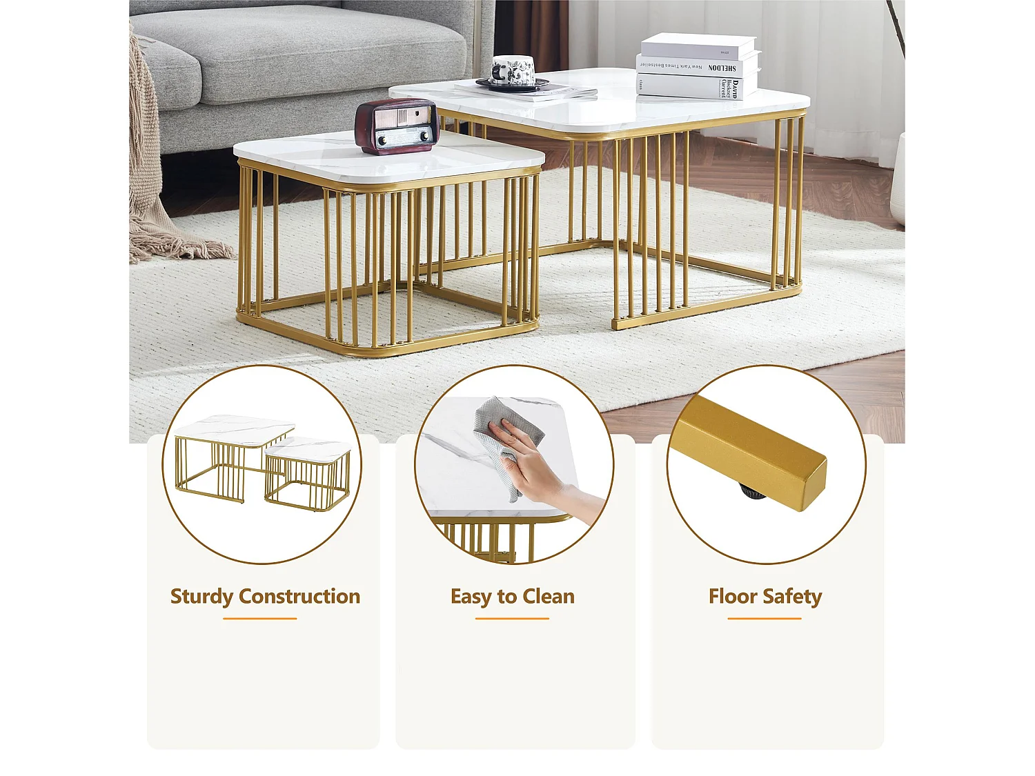 Conjunto de 2 mesas de encastrar - tampo em MDF com padrão mármore - pés dourados - Branco e Dourado