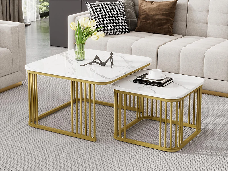 Lot de 2 tables gigognes - plateau en MDF à motif de marbre - pieds dorés - Blanc & Doré