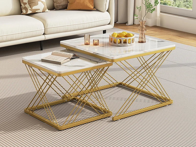 Lot de 2 tables gigognes - plateau à motif de marbre - Blanc & Doré