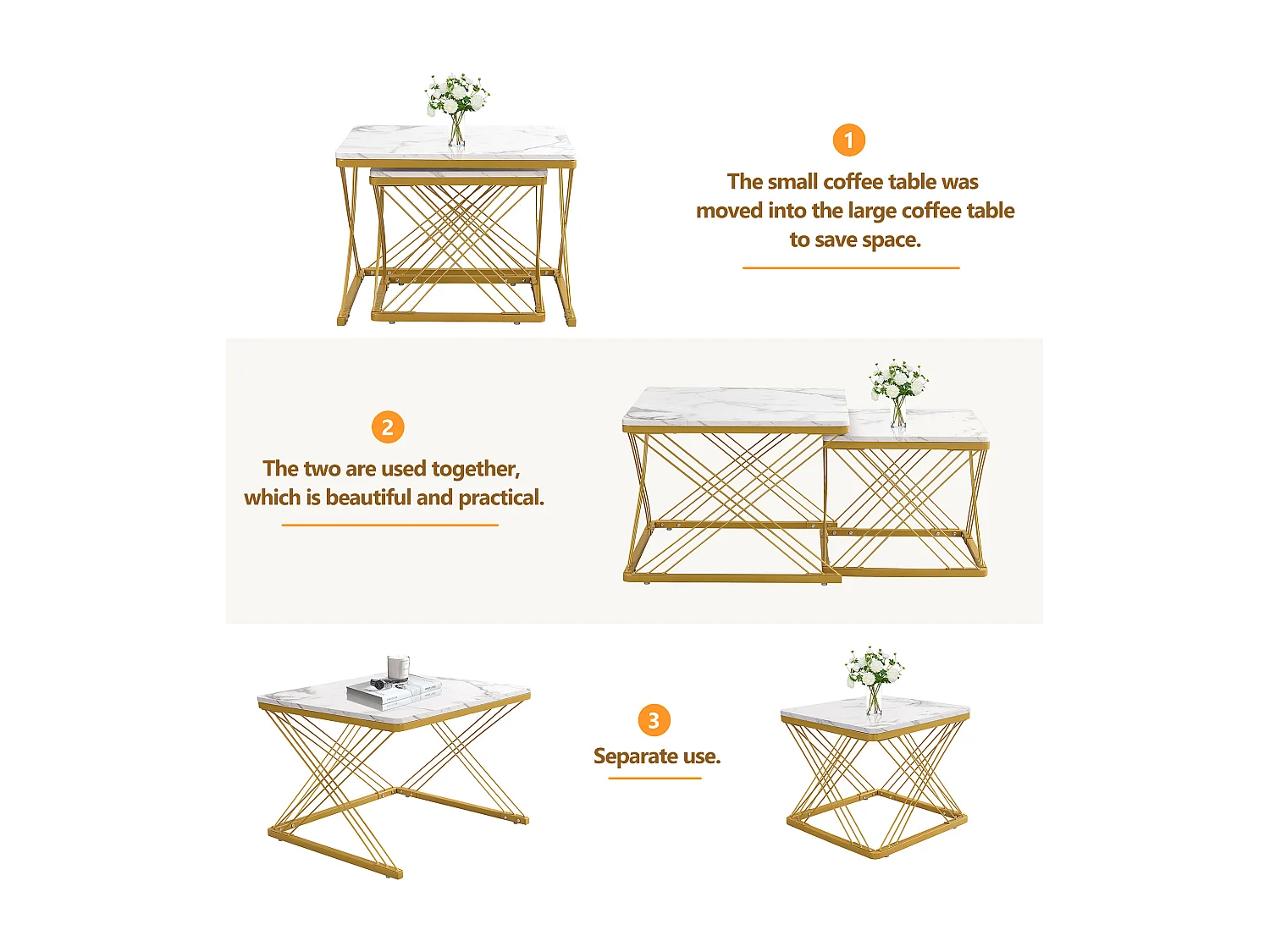 Conjunto de 2 mesas de encastrar - tampo em mármore - Branco e Dourado