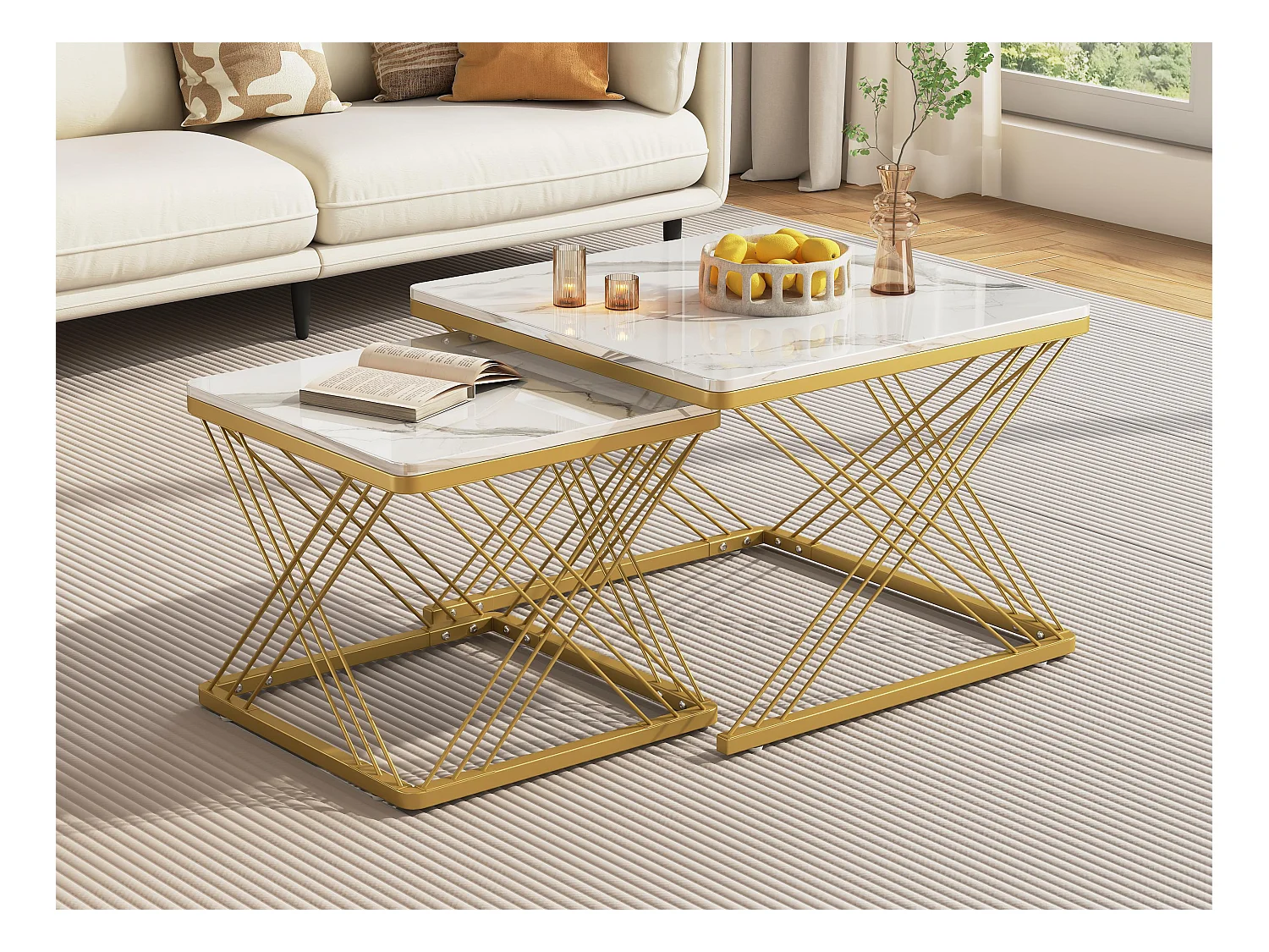 Lot de 2 tables gigognes - plateau à motif de marbre - Blanc & Doré